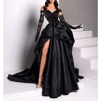 Шикарное черное атласное вечернее платье с открытыми плечами, сшитое на заказ, бальное платье, вечерние платья vestidos de noche
