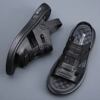 Летние мужские брендовые сандалии из натуральной кожи, уличная дышащая нескользящая повседневная обувь, Удобные пляжные сандалии на черной мягкой подошве.