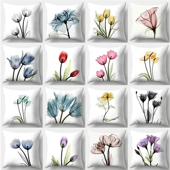 Наволочка с акварельными цветами 45 см x 45 см, Квадратная наволочка для дивана, простая наволочка в цветочек