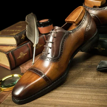Высококачественные мужские черные / коричневые деловые Официальные офисные Свадебные туфли из натуральной кожи с острым носком