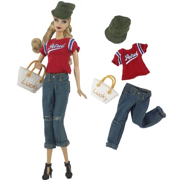 NK 1 комплект, повседневный красный осенний топ принцессы, Модные джинсы, Белая сумочка, шляпа, Повседневная одежда для Барби, Аксессуары, Кукла, Подарочная игрушка для девочки