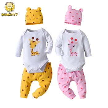 Одежда Для новорожденных девочек, боди с длинными рукавами и штанами в горошек с милым принтом жирафа, шляпа, одежда для младенцев, комплект одежды из 3 предметов