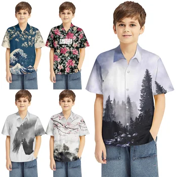 Новая детская одежда с заводским цветочным рисунком, кардиган на пуговицах с лацканами, повседневная Дышащая Удобная гавайская рубашка для мальчиков